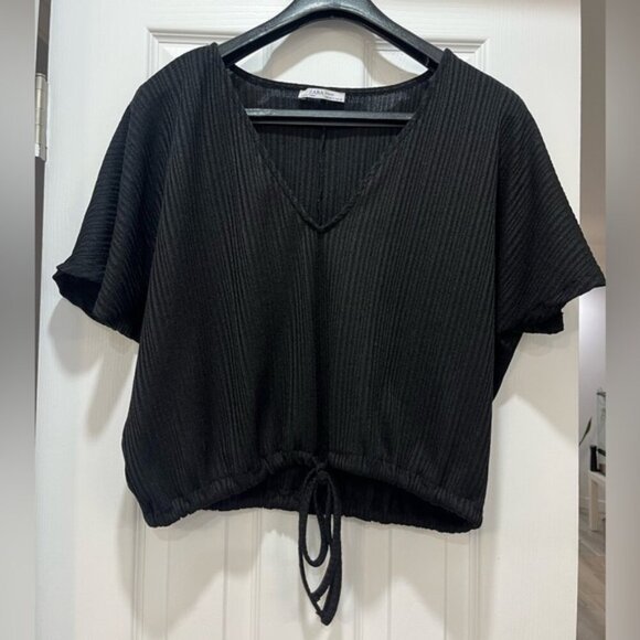 Zara Tops - Zara Black Ribbed Short Sleeve Blouse M Drawstring Hem Oversized Minimalist Top